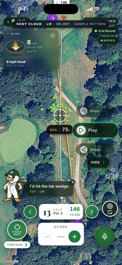 Chip the caddie mascot recommending the lob wedge on the map