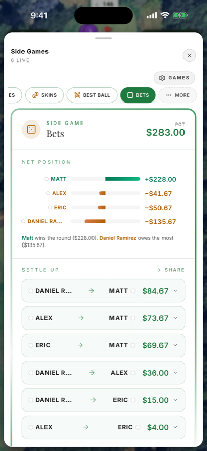 Side Bets: live pot, net positions, settle-up