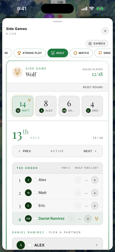 Wolf: live hole spotlight with tee order and partner call