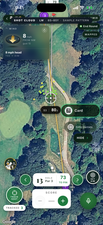 Live GPS map with dispersion cloud, wind, and shot markers
