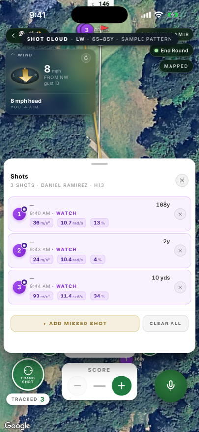 Shot list with per-shot swing telemetry from the watch