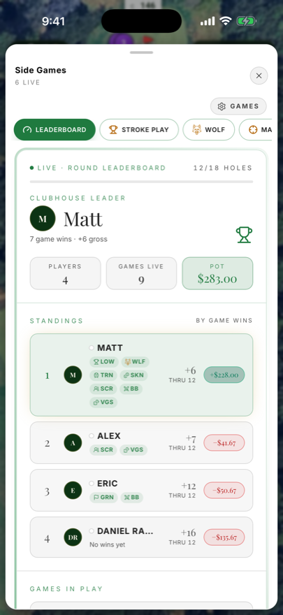 Clubhouse leaderboard with live pot