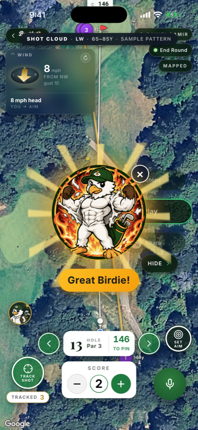 The Great Birdie celebration: eagle mascot medal over the live map